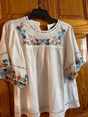 Solitaire White Peasant Blouse with Blue and Pink Floral Embroidery